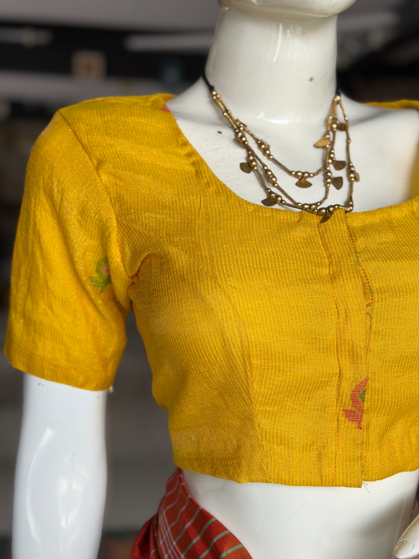Yellow silk tissue linen jamdani short sleeved front open blouse