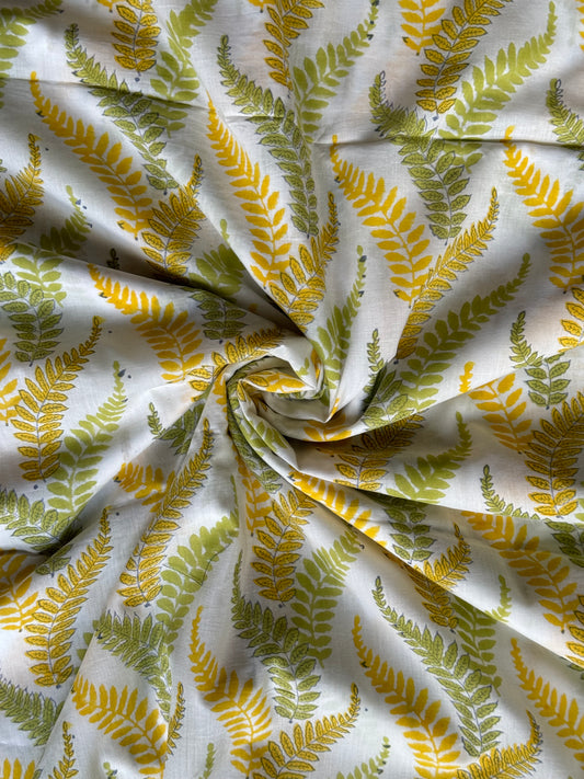 Green and yellow leaves print hand block printed soft cotton fabric