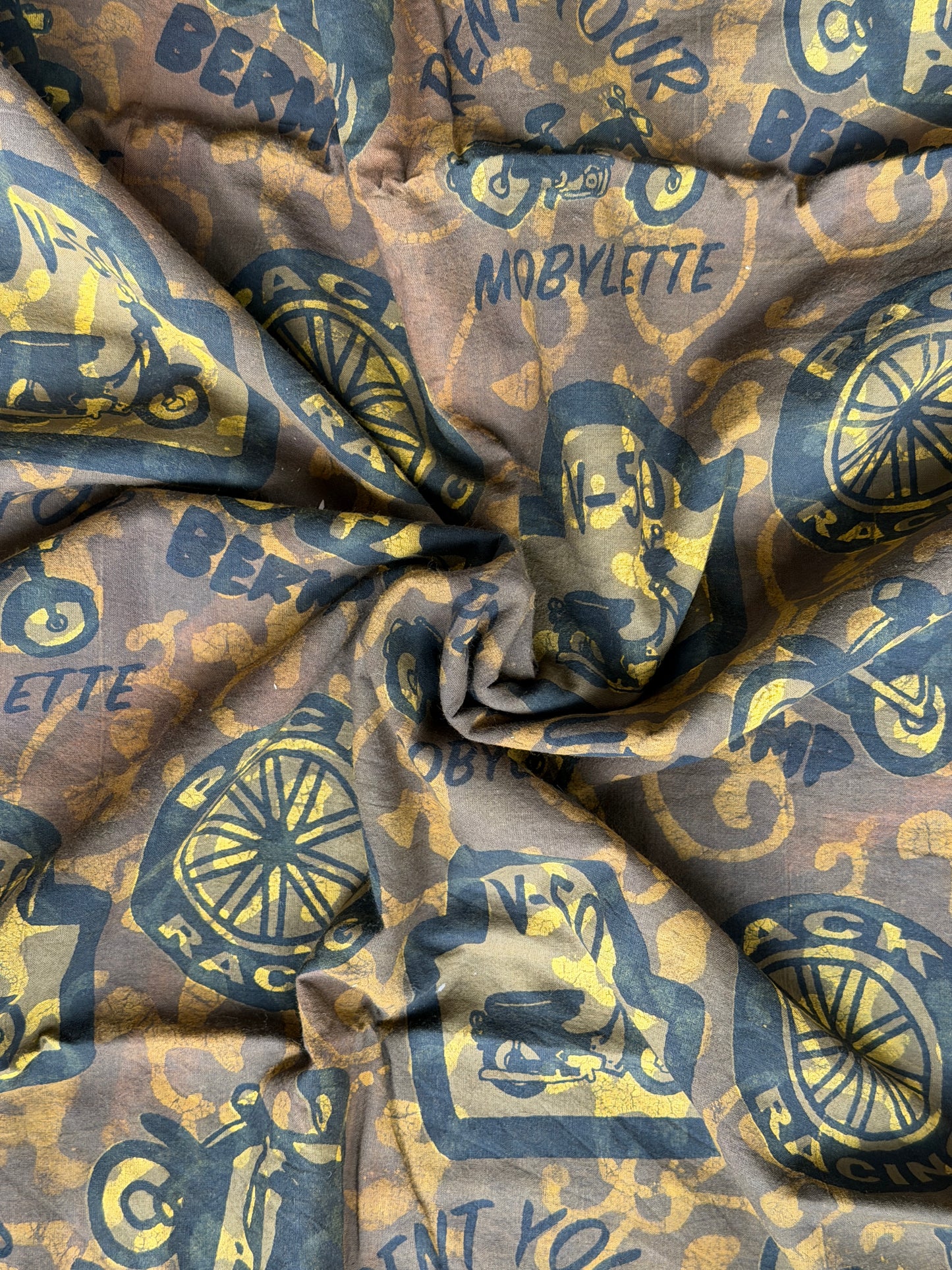 Moss green racing scooters hand block printed cotton fabric - double dabu print