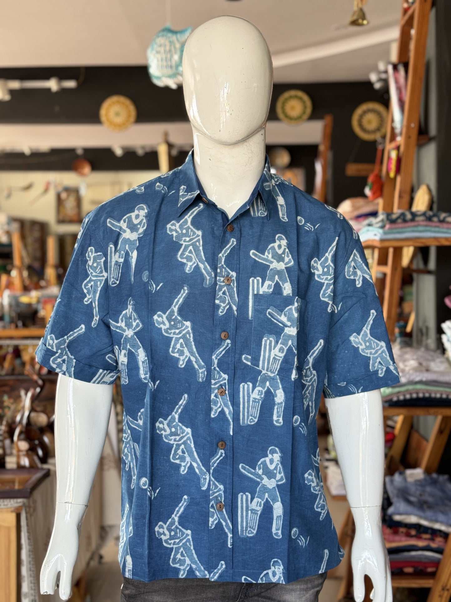 Indigo blue cricket print half sleeves mens natural dye, hand block printed cotton shirt