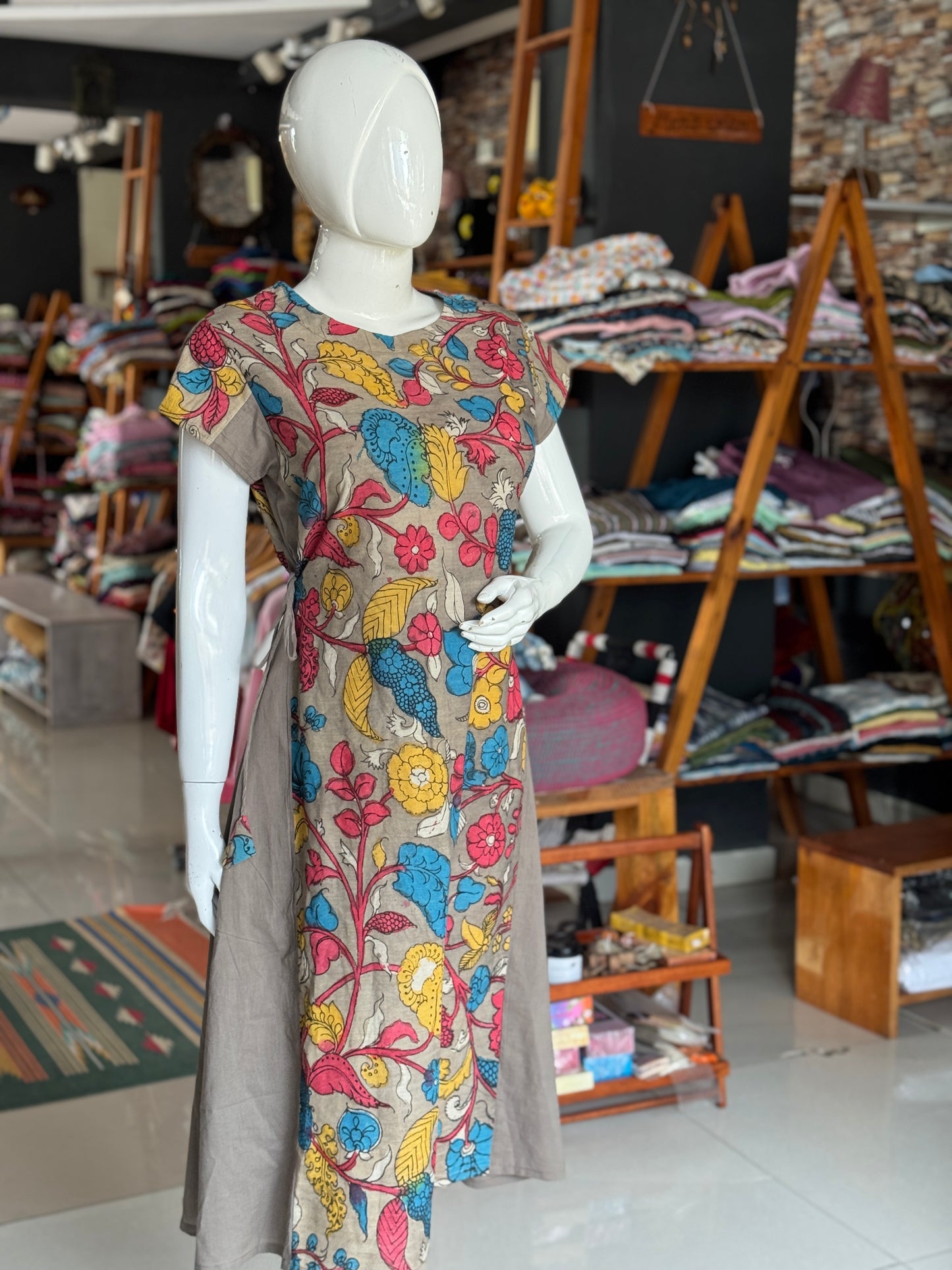 Brown floral pen Kalamkari hand painted cotton dress / kurti with plain side panels and side ties