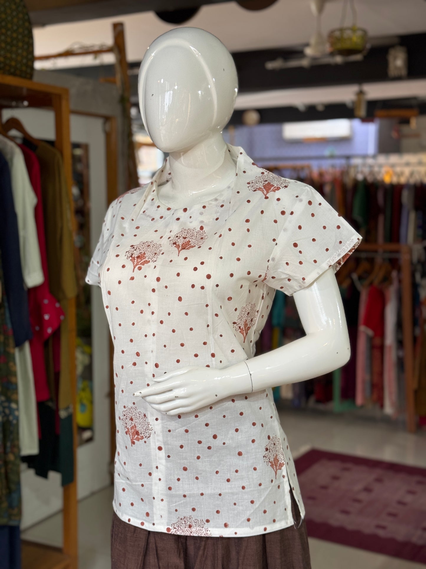 White and brown hand block printed cotton short kurti / top