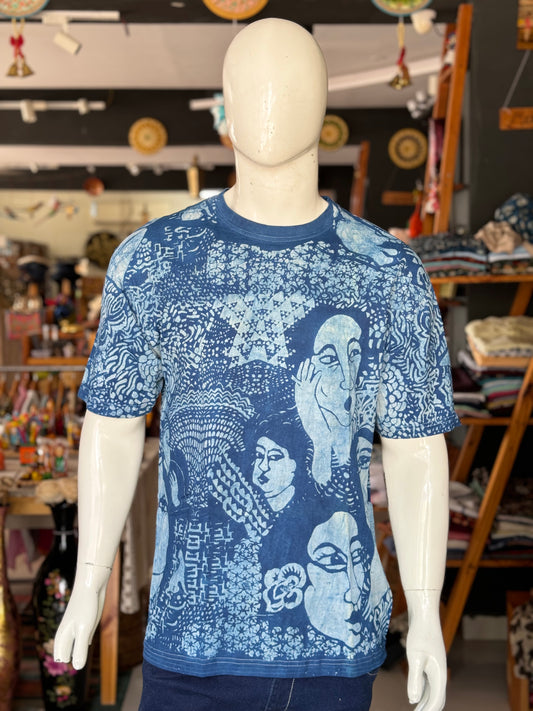 Indigo faces - screen printed natural dyed cotton t-shirt