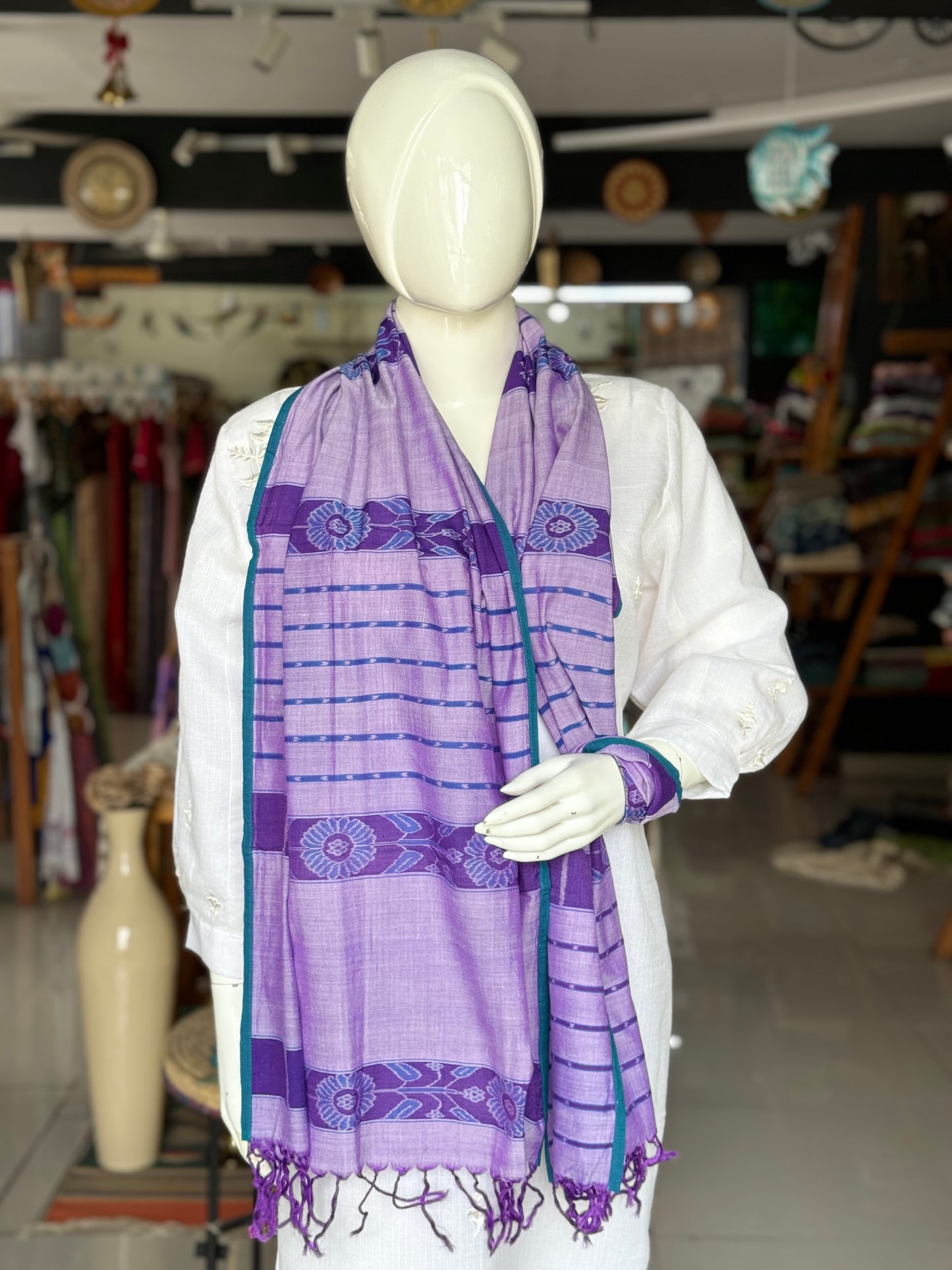 Lavender soft cotton handloom ikat stole with floral and stripes tie n dye design