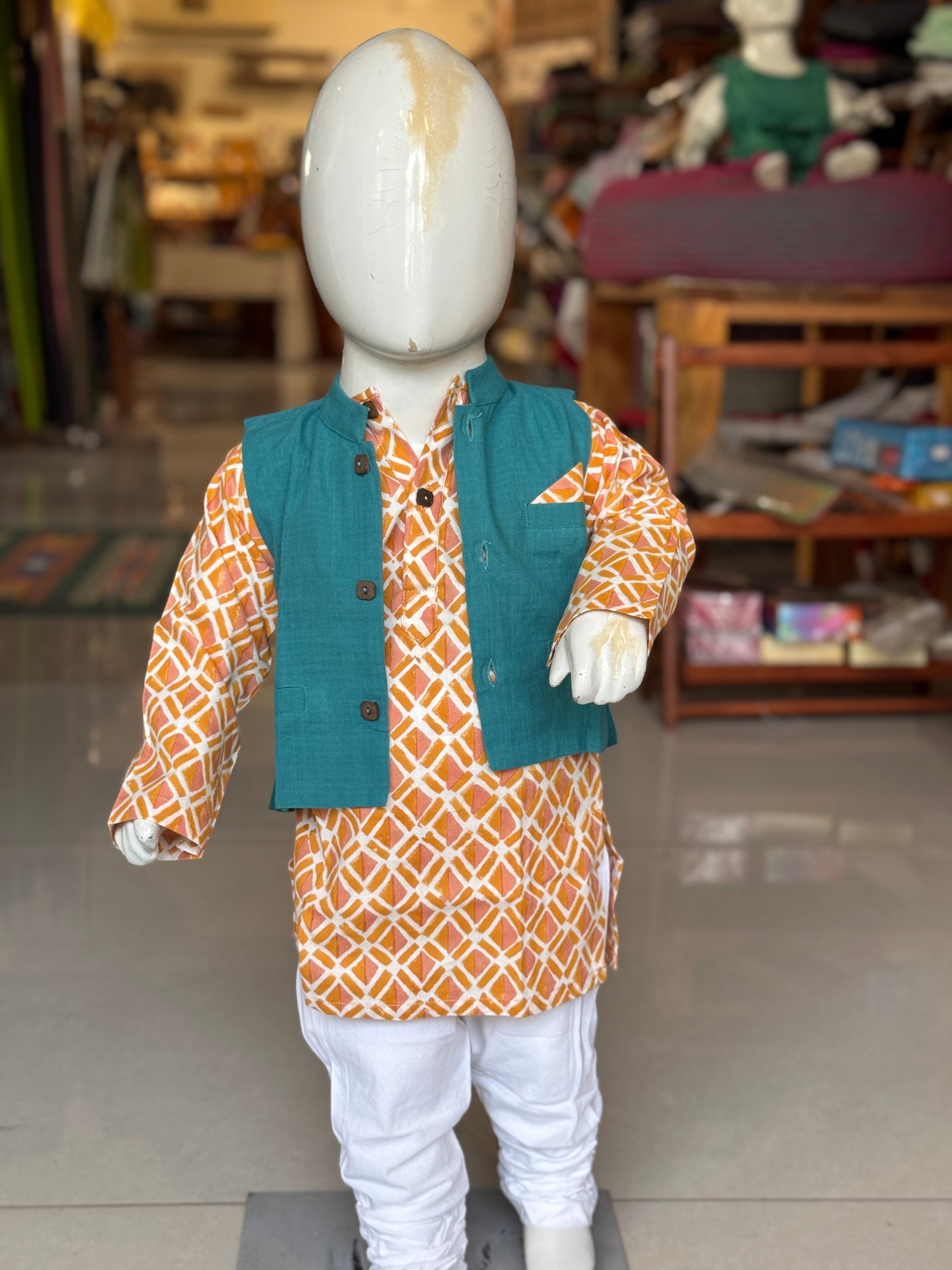Peach n orange triangles handblock printed kurta pajama set with turquoise jacket for boys - 3 piece set