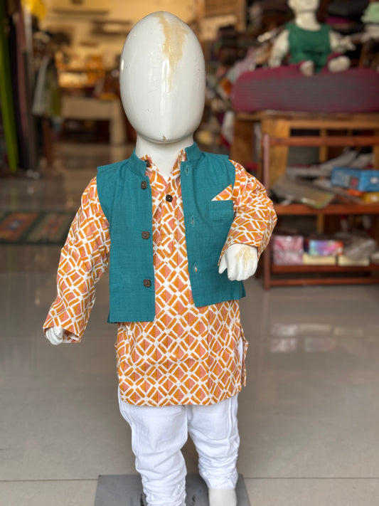 Peach n orange triangles handblock printed kurta pajama set with turquoise jacket for boys - 3 piece set