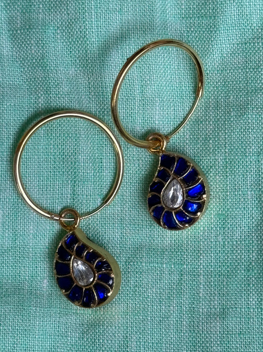 Blue paisley drops hoop earrings in 92.5 sterling silver with gold polish