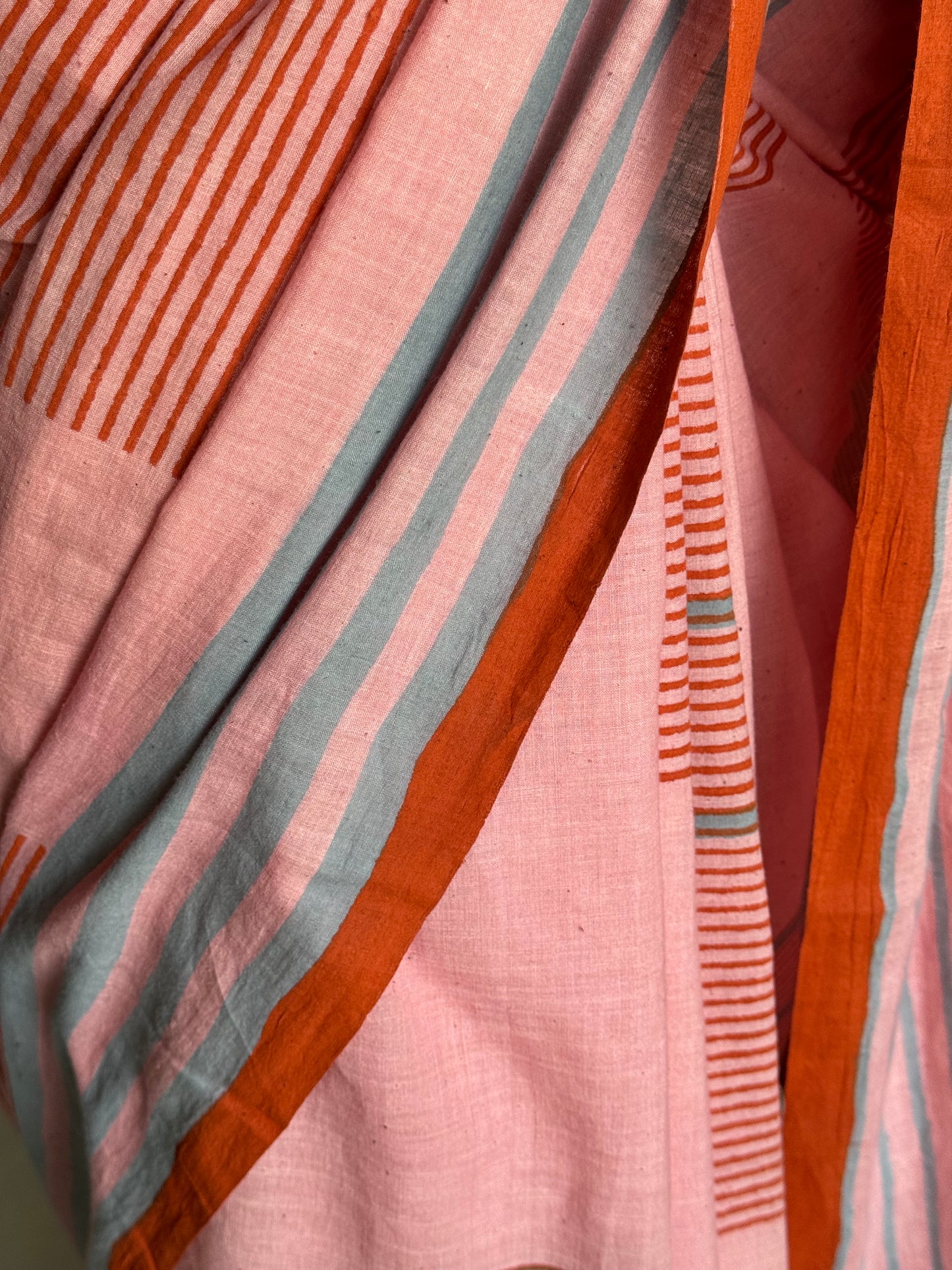 Pink orange circles and stripes cotton hand spun, hand woven, hand block printed saree