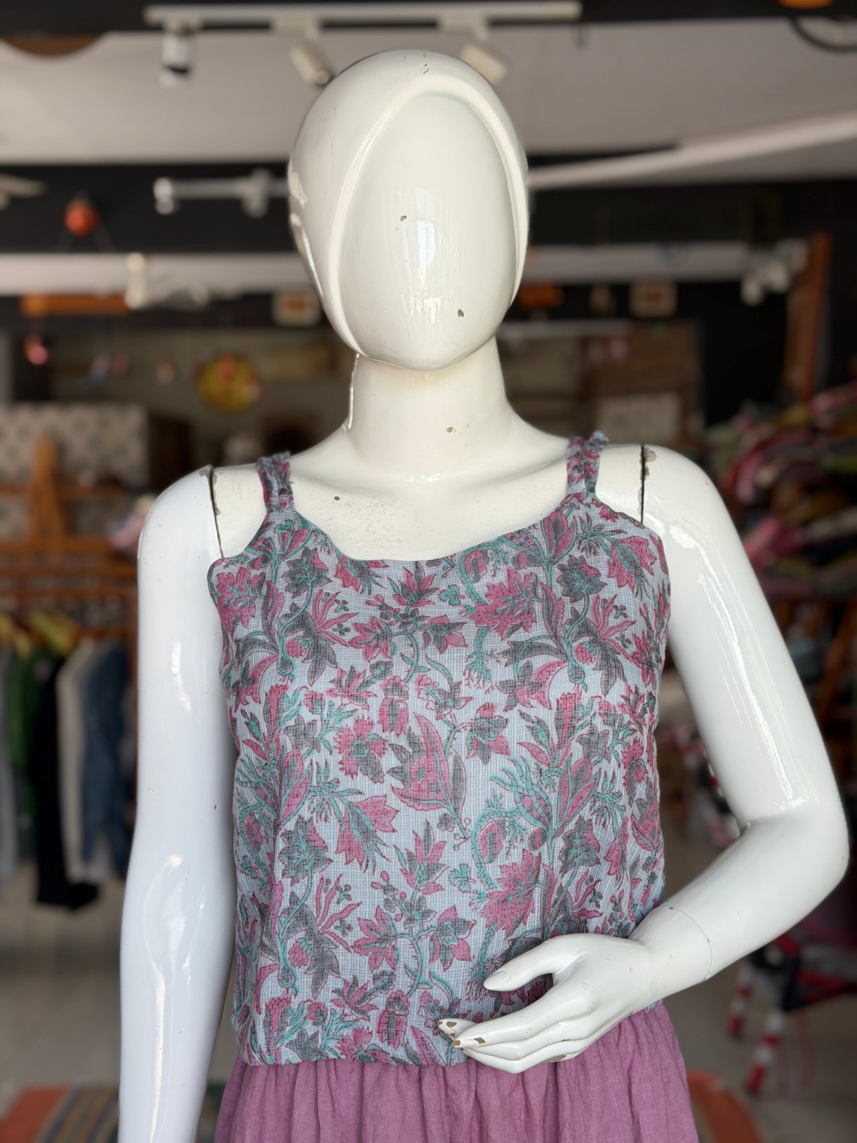 Pastel blue floral hand block printed light and soft kota doria cotton crop top with braided straps