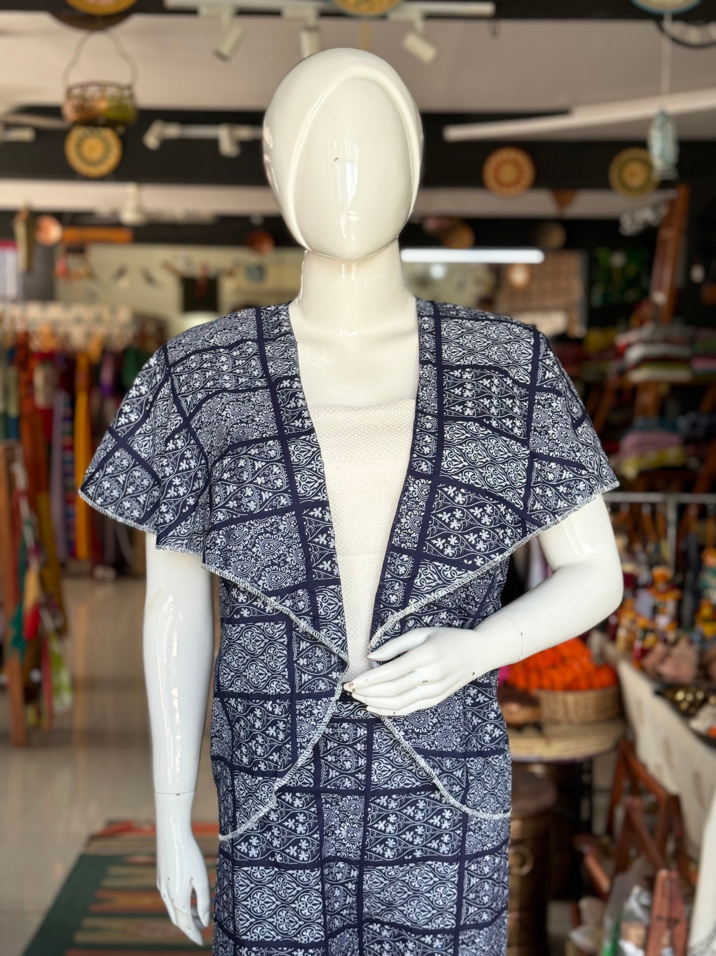 Blue fancy collared open cotton top and pants coord set