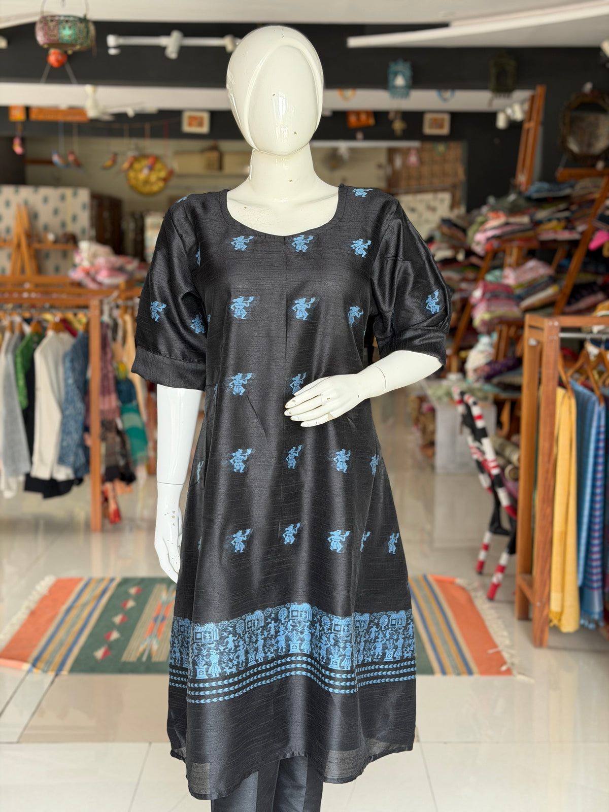 Black hand woven raw silk a-line kurti dress with blue tribal motifs