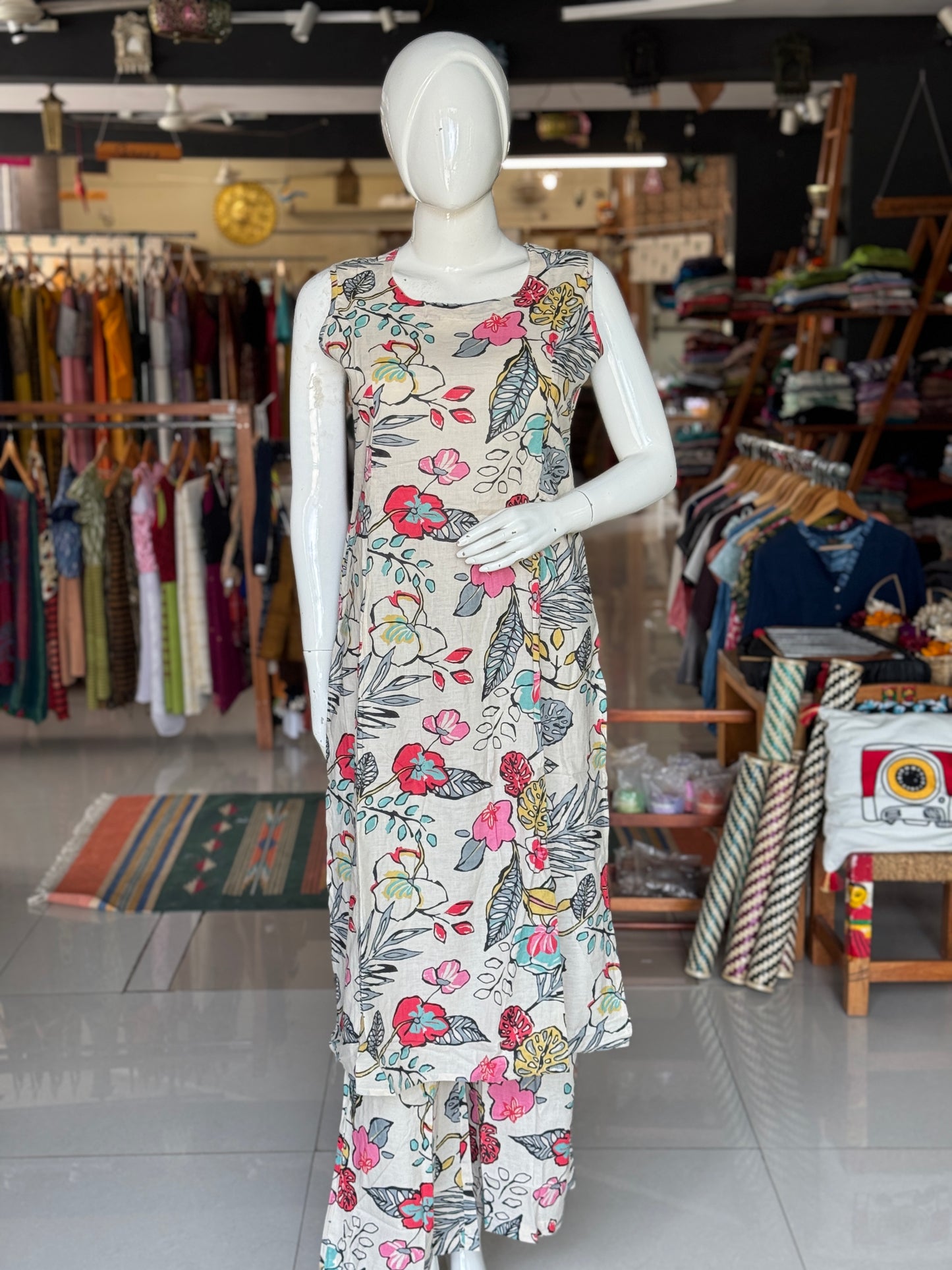 Floral print sleeveless cotton kurti, flared pants - coord set , 2 piece - multiple colors options