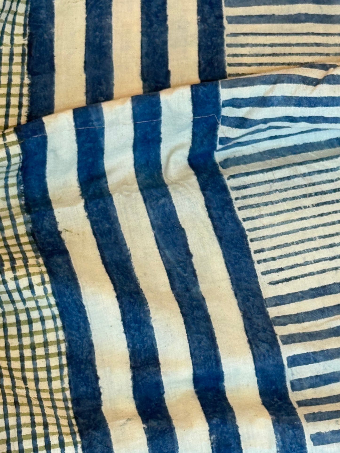 Checks and stripes pattern hand block printed natural dyed designer cotton fabric - 45 inches wide panna