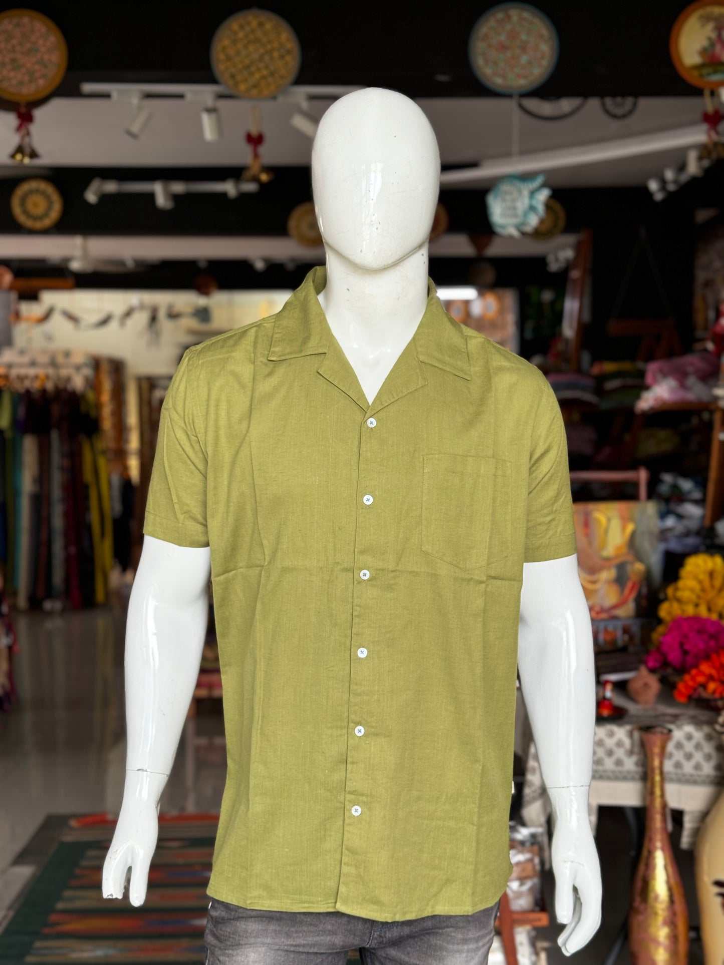 Mehendi green linen cotton designer bush shirt for men