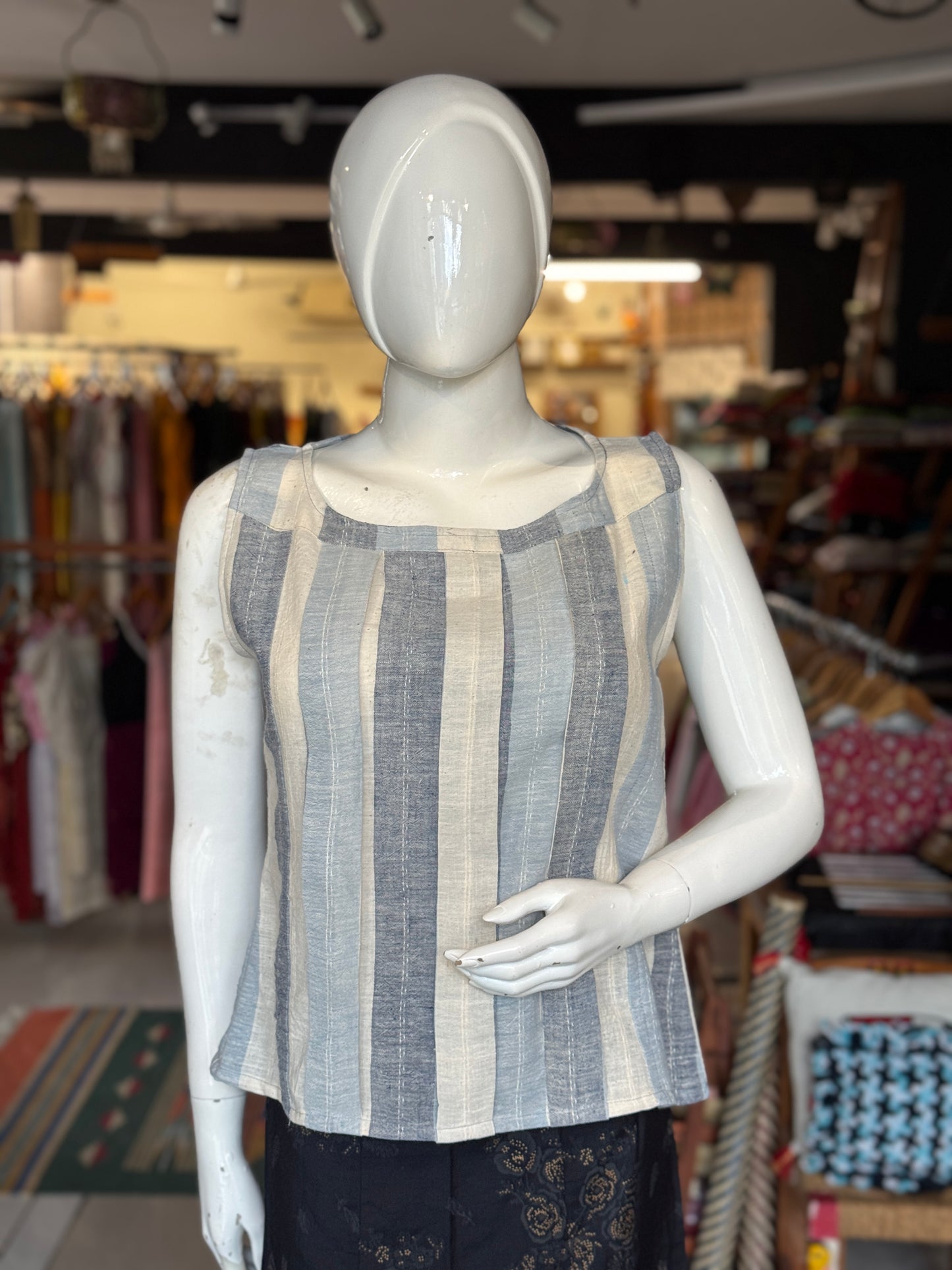 Blue and Off white stripes kala cotton, handwoven top with pleated front and boat neck