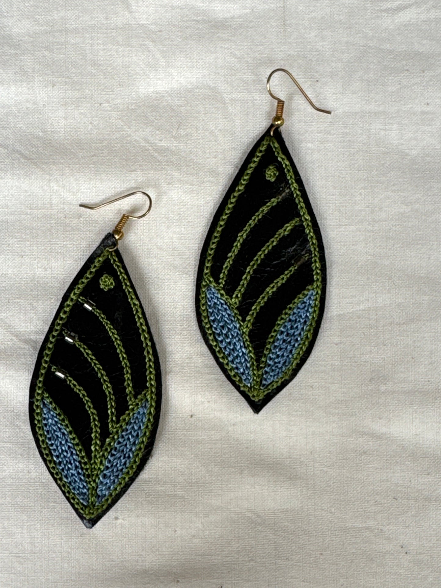 Leather with hand embroidery light weight earrings - shapes, designs and color choice available