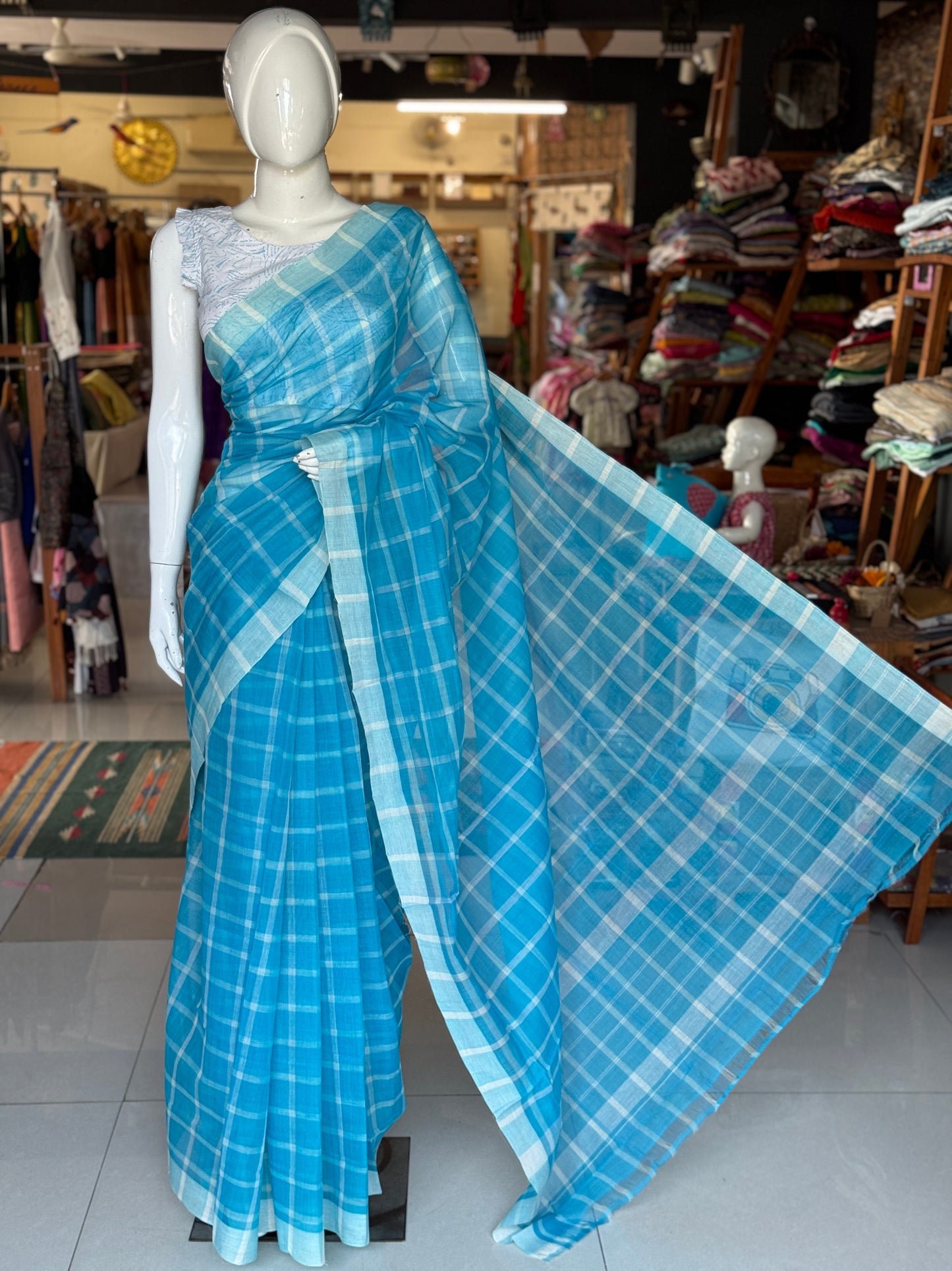 Checkered light weight soft handloom Bobbili cotton saree - multiple colors available