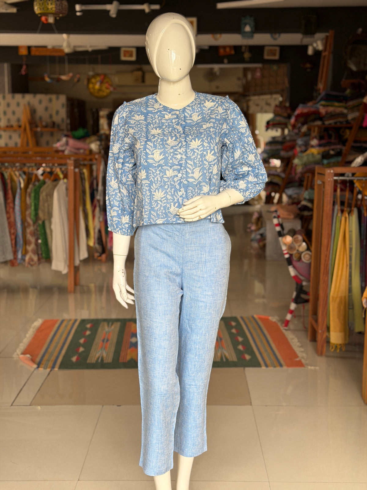 Blue floral cotton top - hand block printed crop top