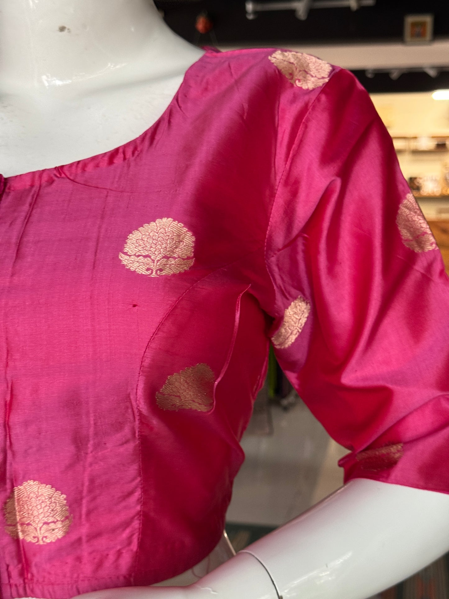 Pink hand woven pure silk blouse with butis - front open, with lining