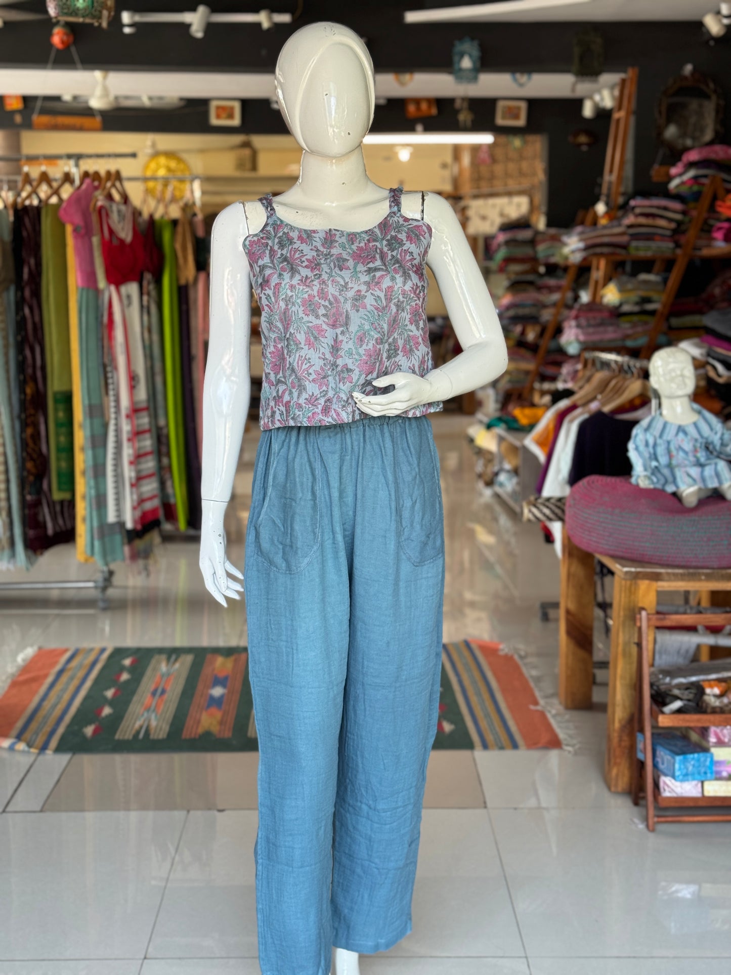 Pastel blue floral hand block printed light and soft kota doria cotton crop top with braided straps