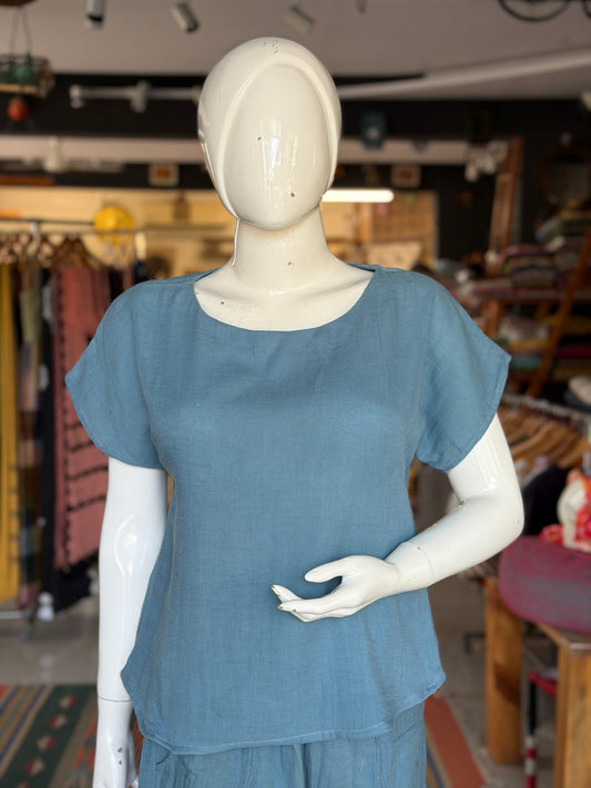 Teal blue soft double cotton crushed look top - shoulder sleeve