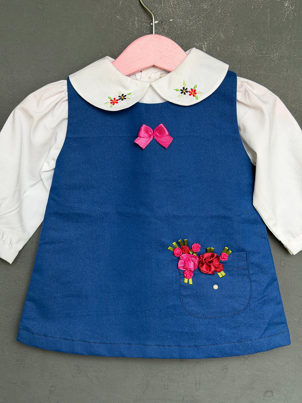 Ink Blue denim frock for girls with embroidery and white Peter Pan embroidered collared full sleeves shirt - 2 piece set