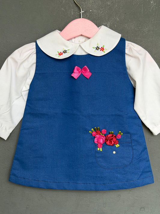 Ink Blue denim frock for girls with embroidery and white Peter Pan embroidered collared full sleeves shirt - 2 piece set