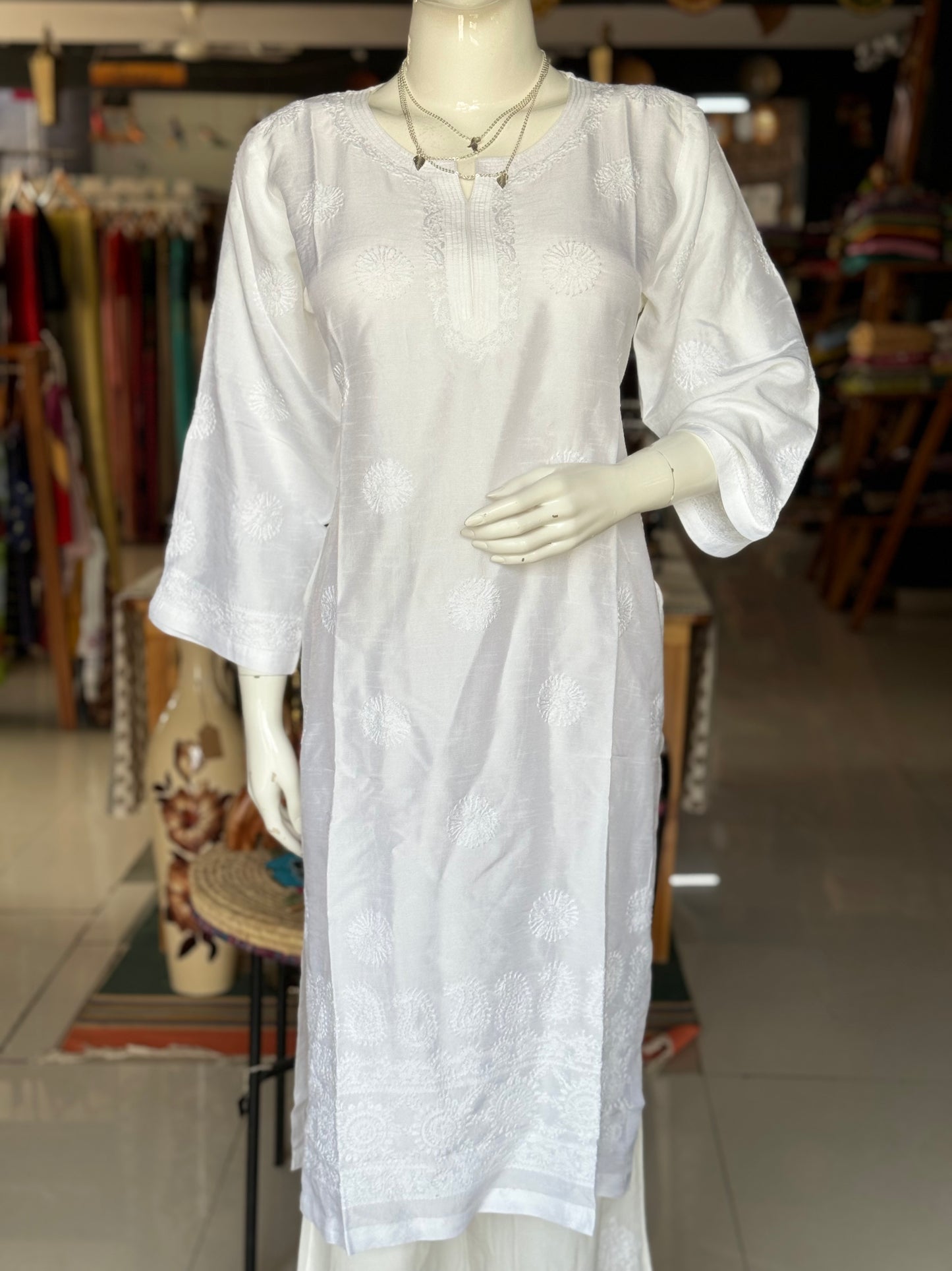 White chikankari hand embroidered straight cuts raw silk kurti