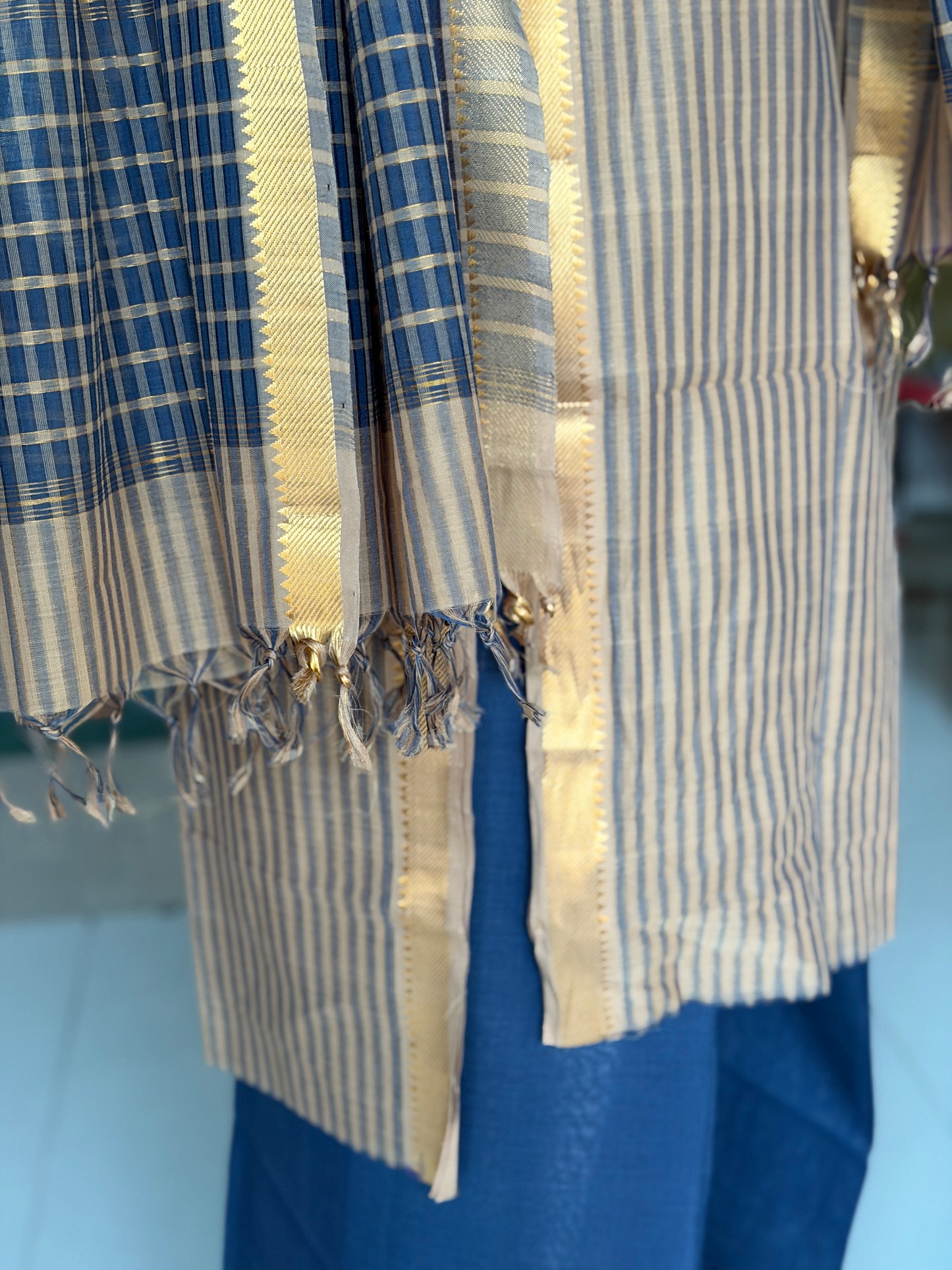Beige and navy blue cotton handwoven mangalagiri 3 piece unstitched set - kurti, pants n dupatta set