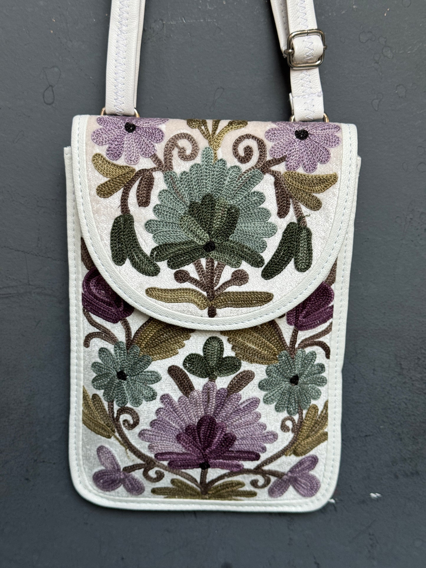 Mobile phone sling pouch - Kashmiri floral Aari embroidered with adjustable length strap and zippered back pocket - colors available