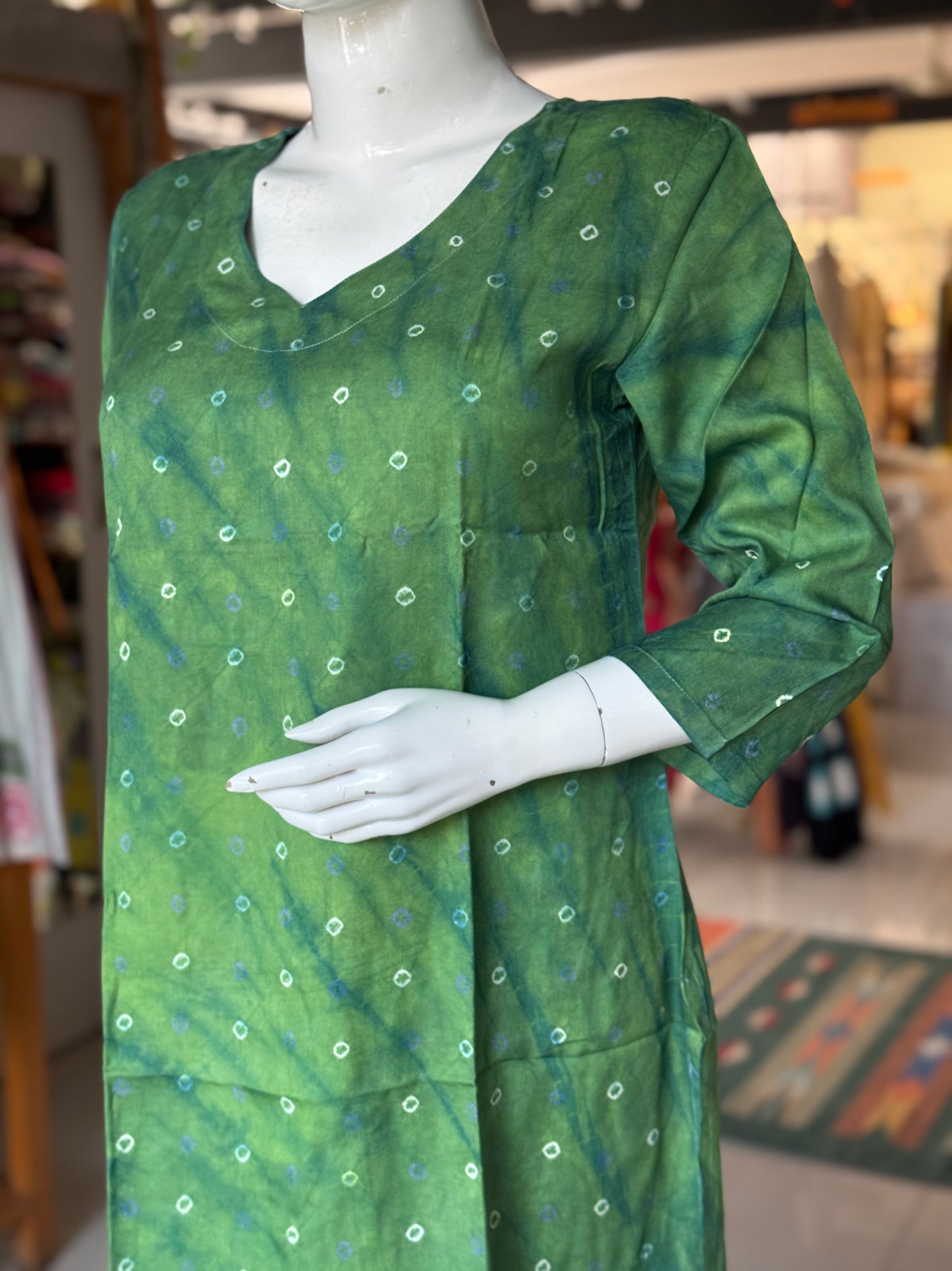 Placement bandini 3/4th sleeves tie n dye cotton tunic top / short kurti - multiple colors n designs available