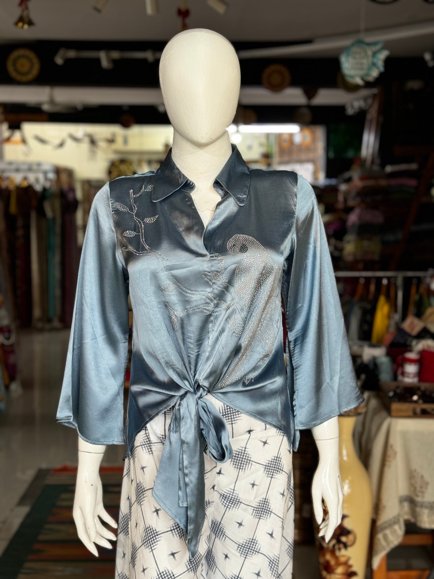 Grey satin tie a knot party style tunic