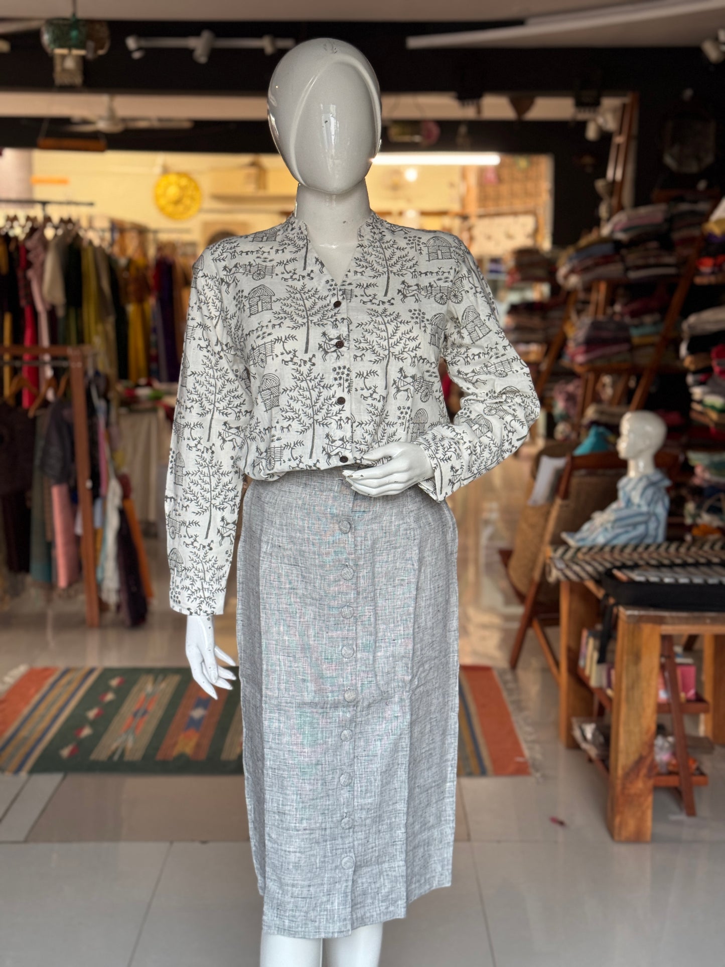 White, village theme print Chinese collared top with V-neckline - hand block printed, Hand spun, hand woven cotton