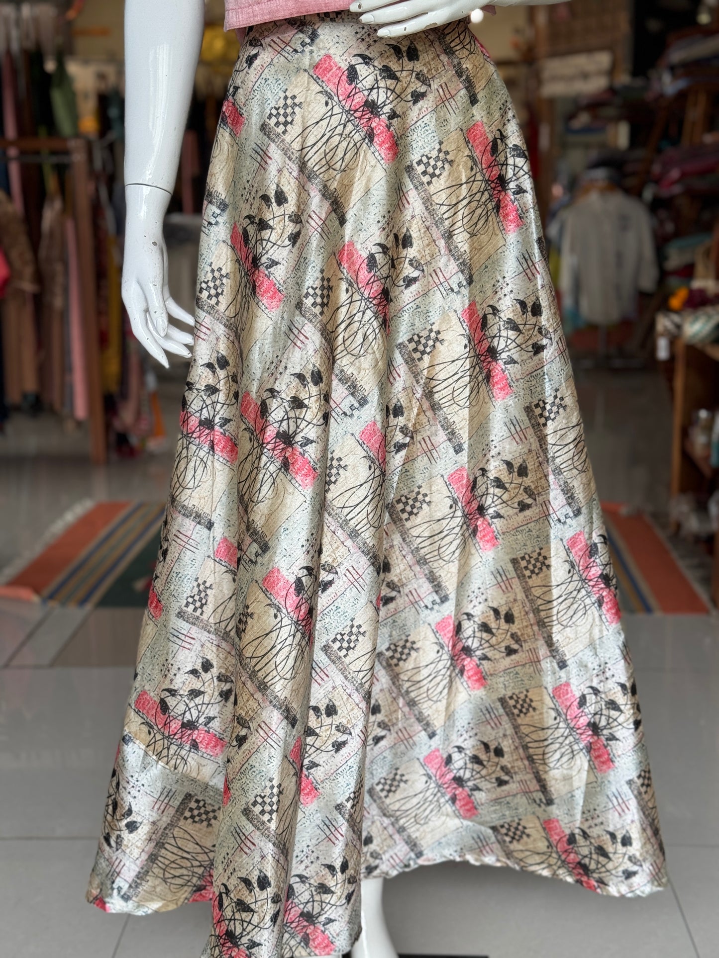 Golden beige digital print free size long skirt / lehenga