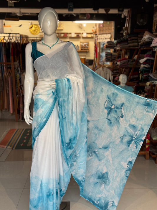 White and blue floral design water colors hand painted soft mul cotton saree