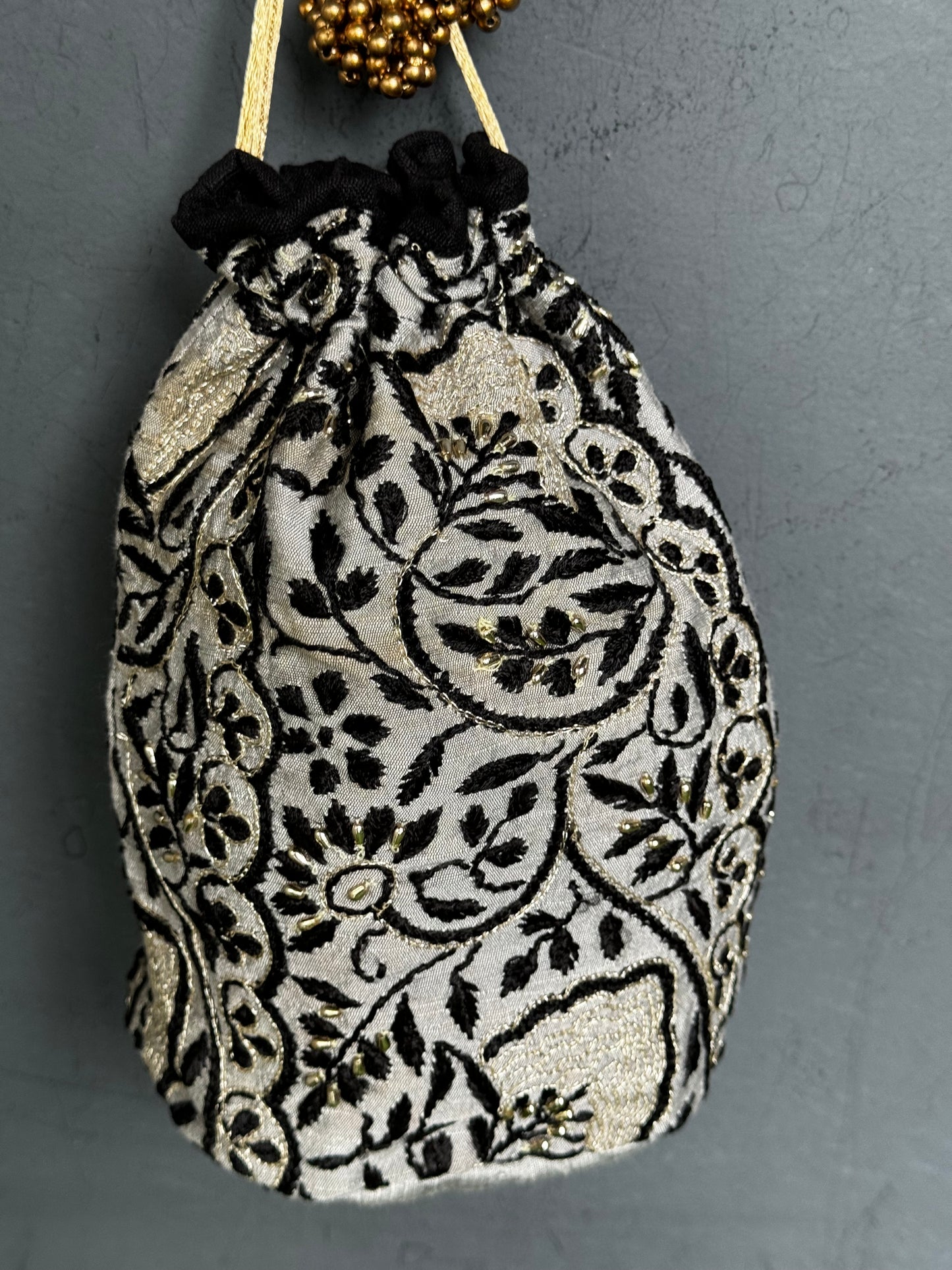 Black and silver Chikankari hand embroidered potli bag