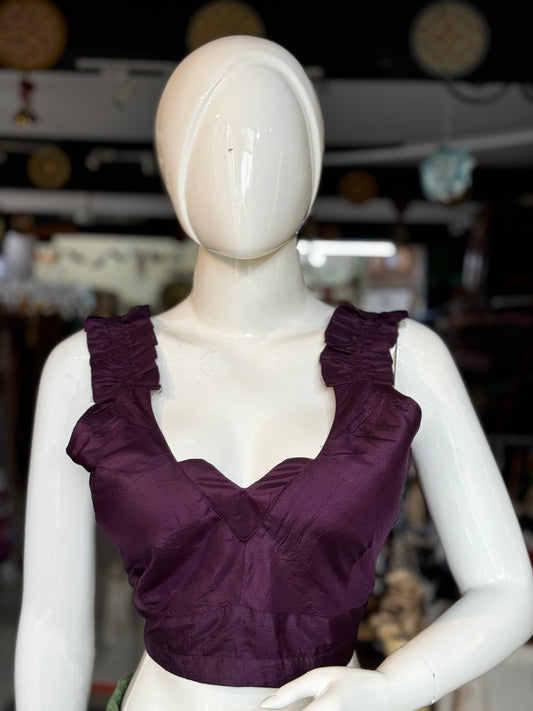 Wine tone mulberry silk crop top / blouse with ruffled elasticated shoulder straps