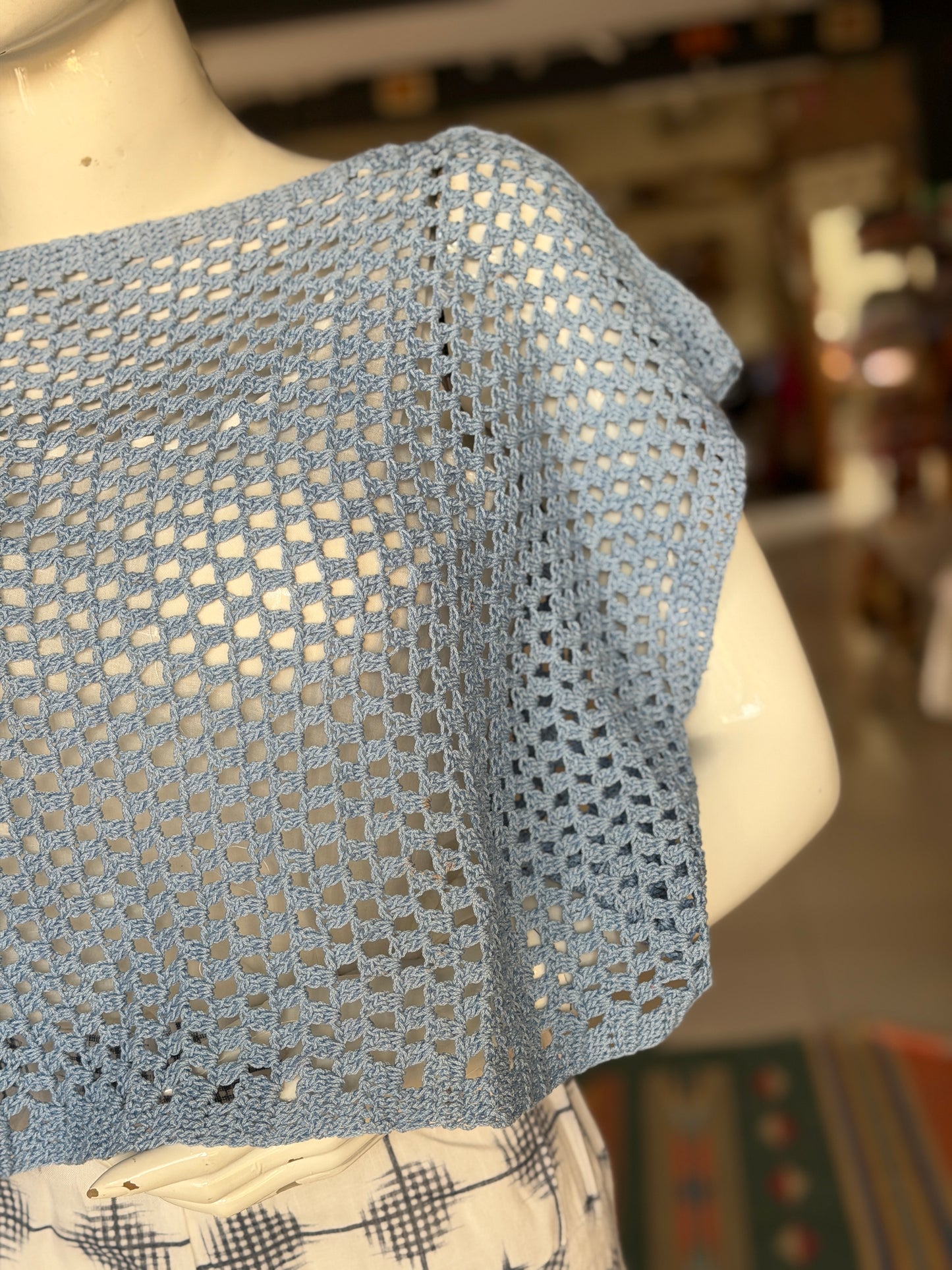 Blue hand crocheted cotton top - free size