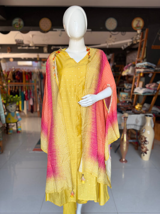 Yellow silk cotton sleeveless kurta with stylish colorful shrug dupatta and pants -  3 piece suit set - festive wear set