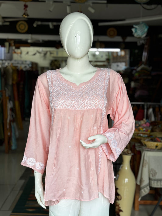 Peach Chikankari hand embroidery tunic on muslin