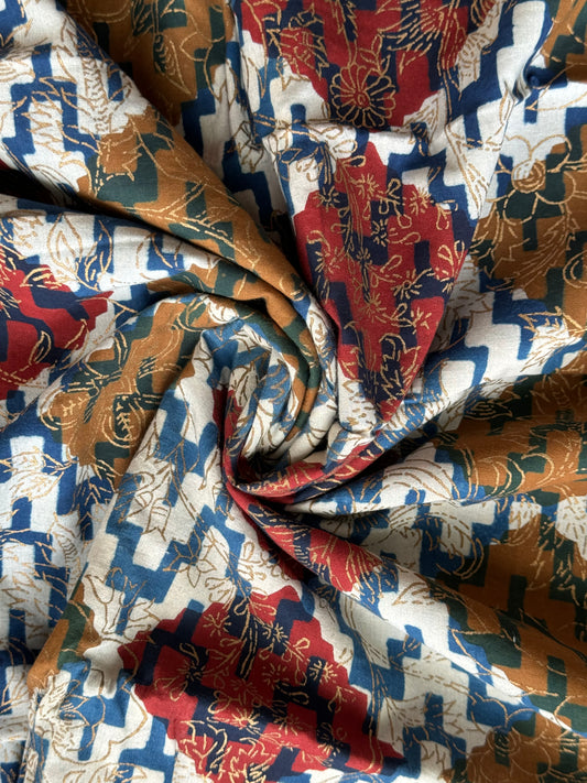 Indigo, maroon, brown and gold hand block printed cotton fabric