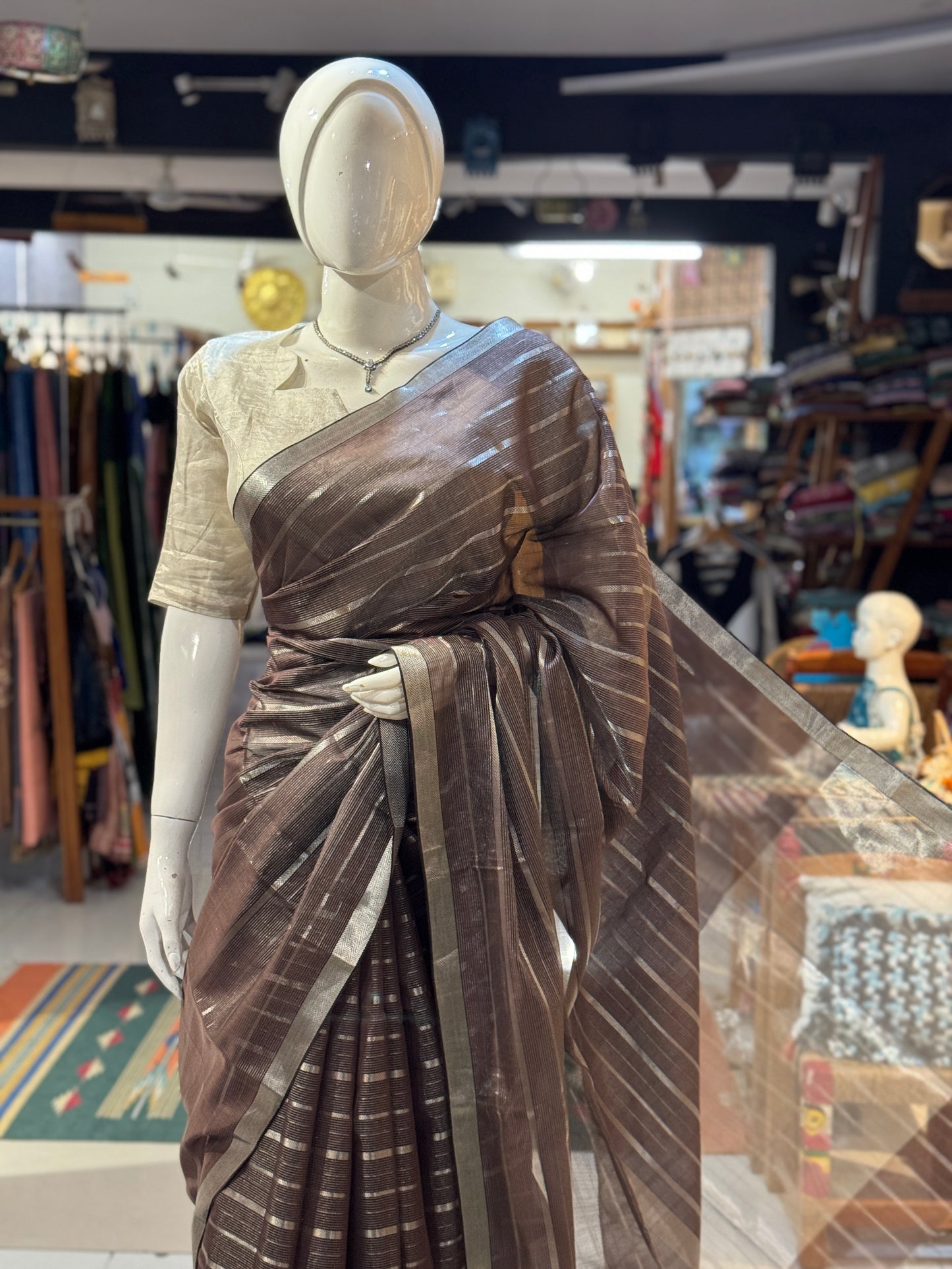 Brown silk cotton Maheshwari handloom saree with thin n thick silver zari stripes all over