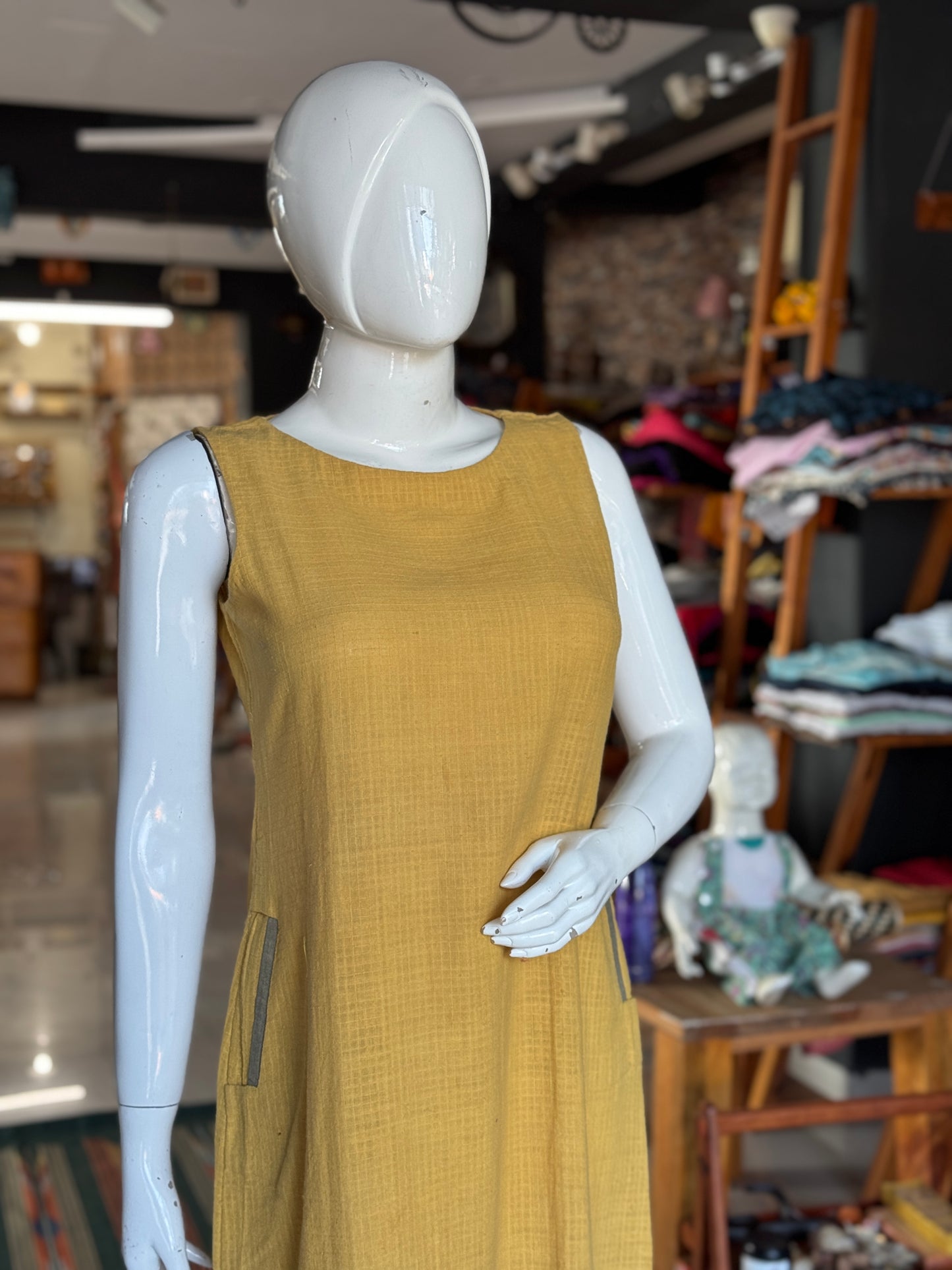 Yellow natural dyed , hand woven, textured organic cotton dress