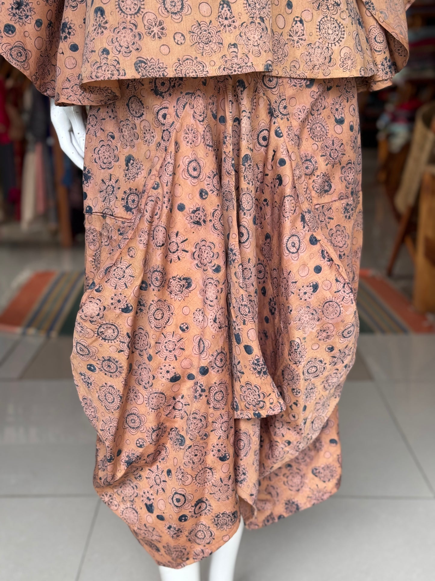 Beige with blue floral Kalamkari hand block printed cotton satin designer cowl skirt - with pockets