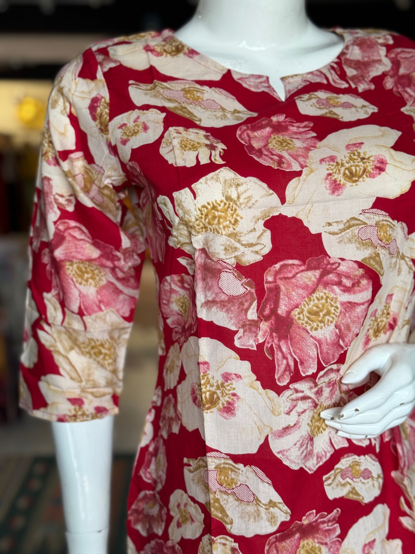 Red big floral printed cotton 2 piece lounge wear / night dress set