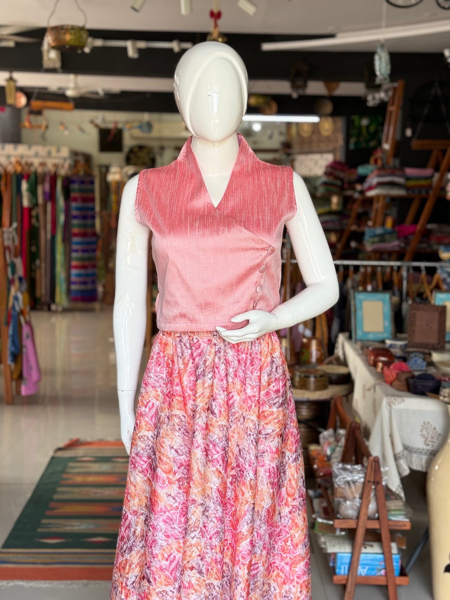 Light pink raw silk crop top / blouse with standing  collar and overlap front