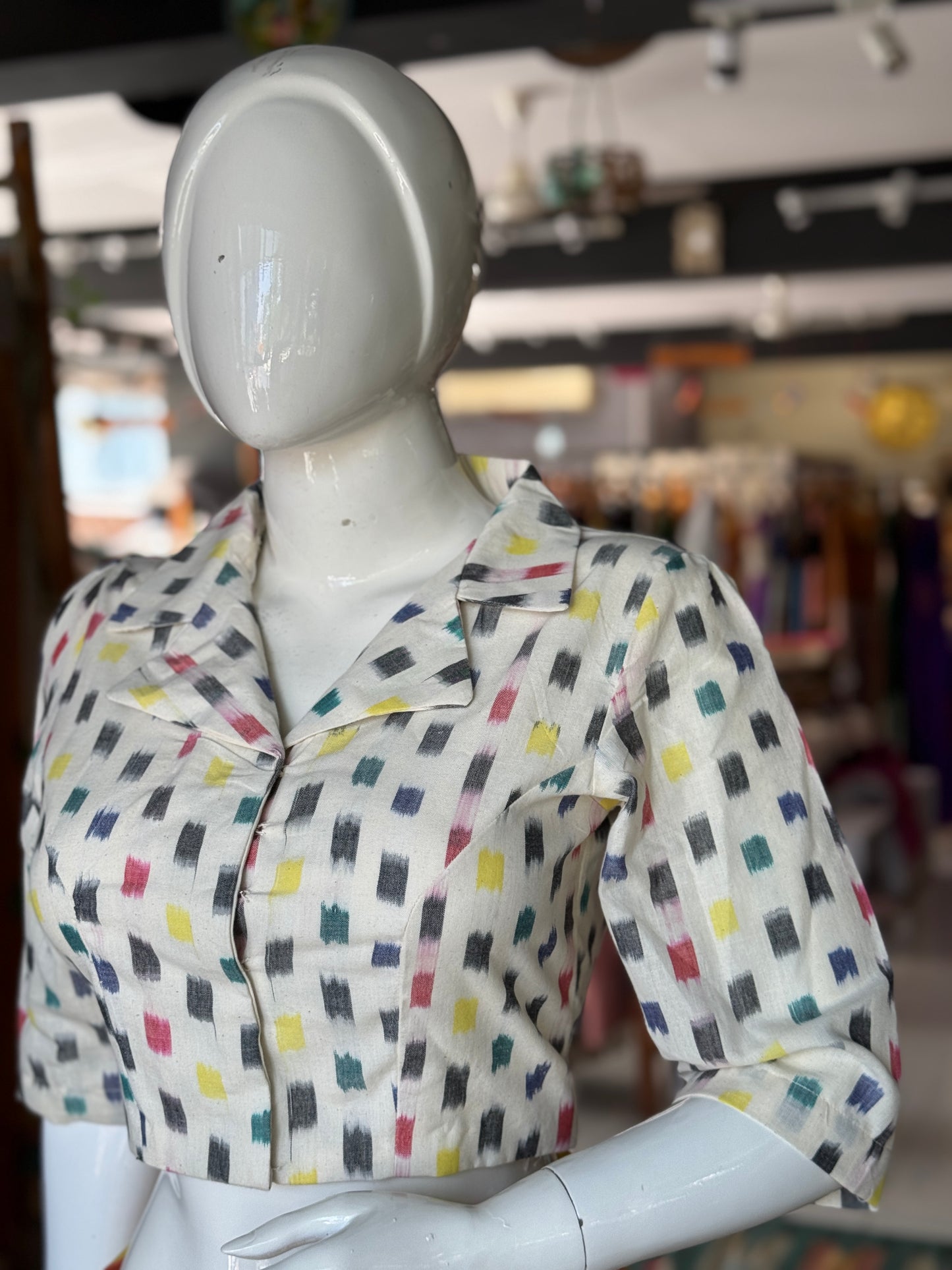 Cream with multi color ikat rectangles handloom cotton blouse