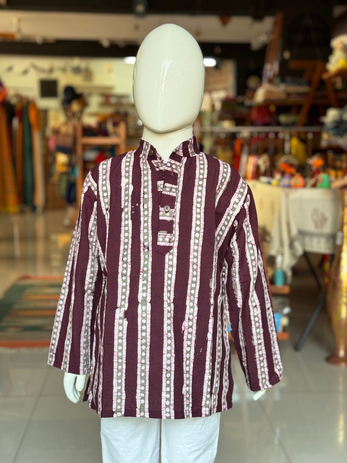 Wine batik stripes cotton short kurta for boys