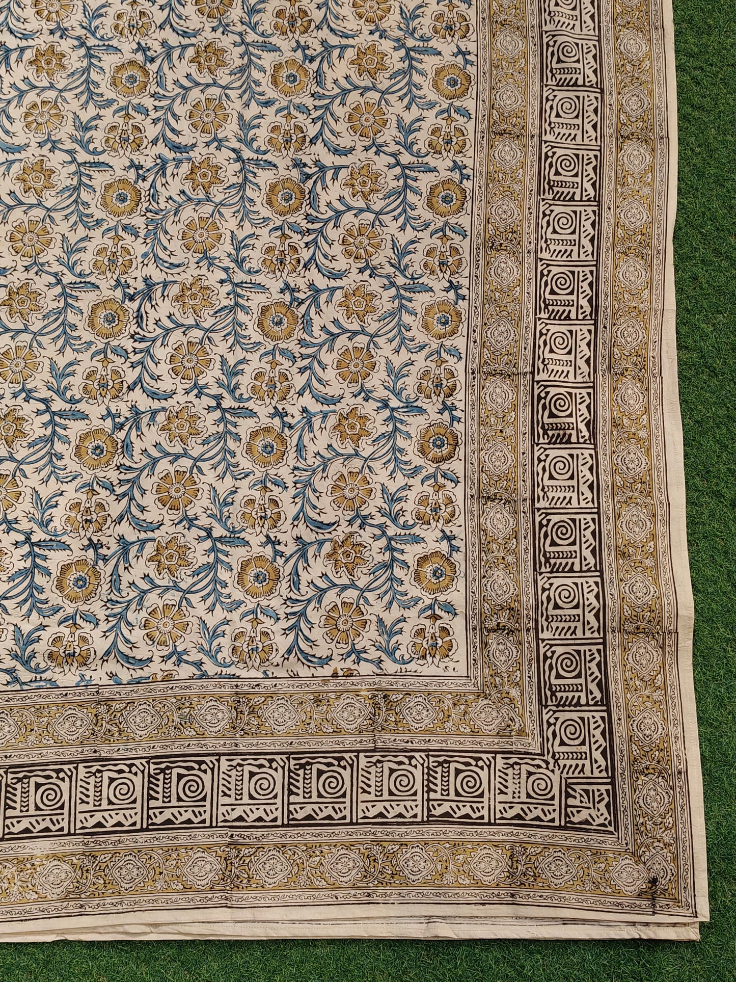 Blue and mustard floral design Kalamkari hand block printed smooth satin cotton king size bedsheet + 2 pillow covers