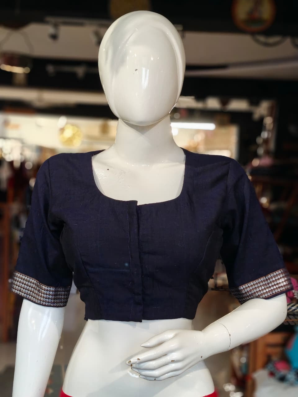 Handloom cotton elbow sleeves with borders blouse - Handpainted / Hand embroidered